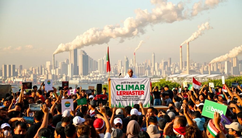 A bustling political rally, with a diverse crowd of supporters gathered in the foreground. In the middle ground, a podium stands adorned with the logos and banners of a major political party, their focus on climate-related issues evident. The background features a panoramic view of a city skyline, with towering skyscrapers and billowing smokestacks, hinting at the energy and environmental challenges at the heart of the political discourse. Warm, golden lighting bathes the scene, creating a sense of urgency and momentum. The overall composition conveys the intersection of party politics and the pressing concerns of climate change, setting the stage for the "Politik Transisi Energi Panas Bumi" section of the article.