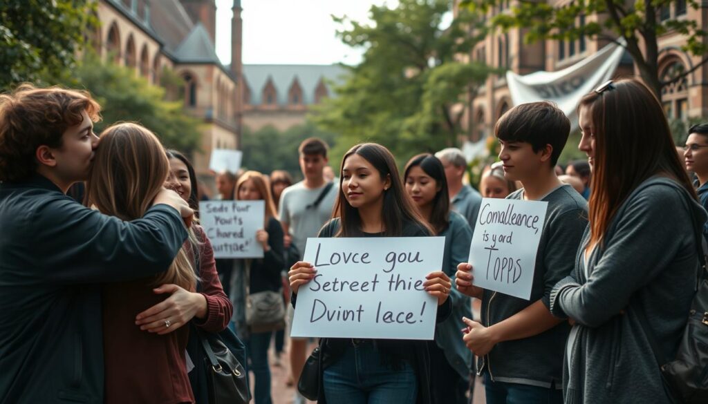 A campus community gathering with students and faculty members showing support and solidarity. In the foreground, a group of young people embrace, their expressions somber yet resolute. In the middle ground, others hold signs and banners with messages of condolence and unity. The background is a university campus setting, with gothic-style buildings and lush greenery creating a sense of solemn tranquility. Soft, diffused lighting casts a warm, reflective glow, evoking a palpable atmosphere of compassion and care. The image conveys a profound and heartfelt response to a shared tragedy, a community coming together in the face of adversity.