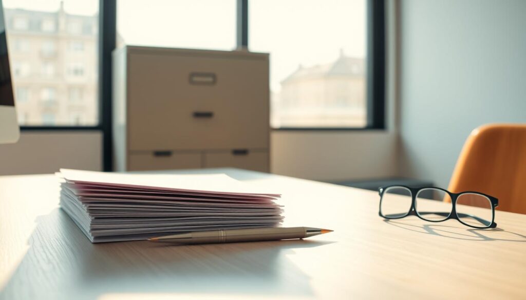 A crisp, clean office desk with a stack of official-looking documents, a pen, and a pair of reading glasses. The desktop is illuminated by warm, natural light filtering in through a large window, casting soft shadows and highlighting the textured surfaces. In the background, a minimalist bookshelf or filing cabinet suggests an academic or professional setting. The overall mood is one of organized productivity and attention to detail, befitting the administrative requirements of an educational registration process.