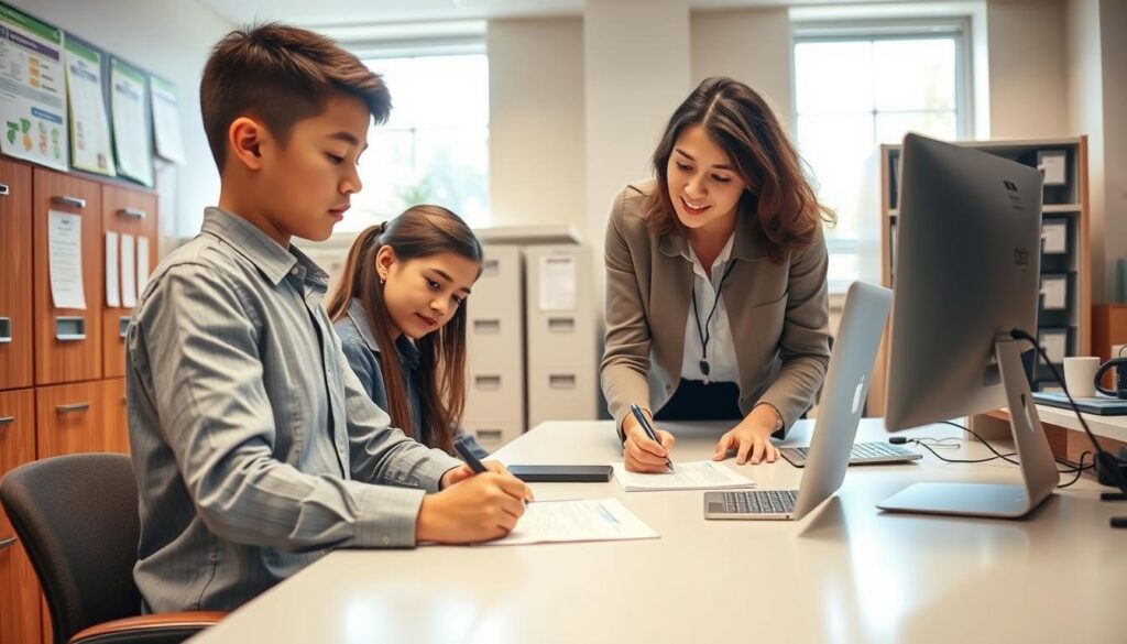 A detailed scene of the scholarship registration process, set in a warm and professional office environment. The foreground features a young applicant carefully filling out an application form on a sleek, modern desk. Behind them, a row of neatly organized filing cabinets and a bulletin board displaying relevant information. The middle ground shows a casually dressed staff member assisting the applicant, their expressions conveying a sense of guidance and support. In the background, windows allow natural light to flood the space, creating a bright and inviting atmosphere. The overall mood is one of efficiency, diligence, and a commitment to helping students succeed in their educational pursuits.