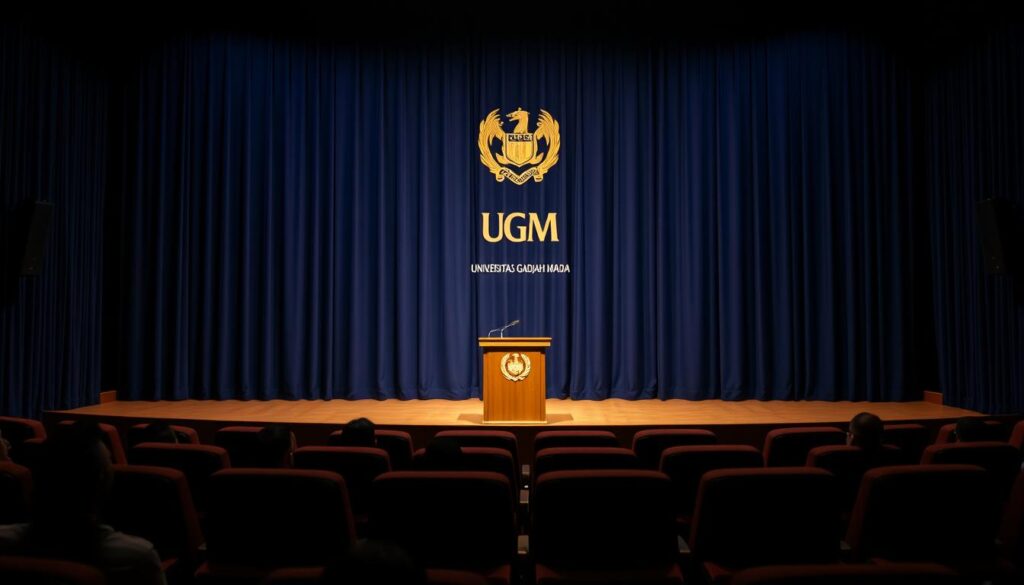 A dimly lit auditorium, the stage draped in a somber, navy blue curtain. On the stage, a podium stands, illuminated by a single spotlight, casting a warm glow on the wooden surface. Behind the podium, a backdrop of the Universitas Gadjah Mada (UGM) crest, emblazoned in gold, serves as a solemn reminder of the institution's presence. The audience, seated in rows of plush, burgundy chairs, watches with rapt attention, the mood weighted with a sense of reverence and contemplation. The lighting, soft and muted, creates an atmosphere of solemnity, befitting the weight of the subject matter being addressed. This image, a visual representation of the "Respons Resmi dari Universitas Gadjah Mada," captures the gravity and seriousness with which the university is approaching the situation.