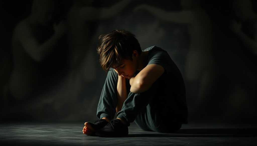 A distressed young person sits slumped on the ground, head in hands, surrounded by swirling shadows and self-doubt. Muted colors, soft focus, and dramatic chiaroscuro lighting create a pensive, introspective mood. The figure's posture and expression convey a sense of insecurity, confusion, and inner turmoil. In the background, faint outlines of vague, unsupportive figures loom, symbolizing the burden of others' perceptions. This evocative scene aims to capture the common struggles and missteps individuals face in cultivating authentic self-confidence.