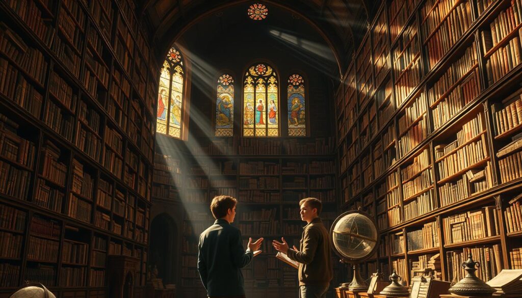 A grand library, with towering shelves of ancient tomes and scrolls. Beams of warm, golden light filter through stained glass windows, casting a contemplative glow. In the center, two young students, engrossed in deep discussion, gesturing animatedly as they explore the complexities of philosophy and the mysteries of history. Shadowy alcoves hint at hidden knowledge, while ornate globes and astrolabes suggest the breadth of human understanding. The atmosphere is one of intellectual curiosity and reverence for the accumulated wisdom of the ages.