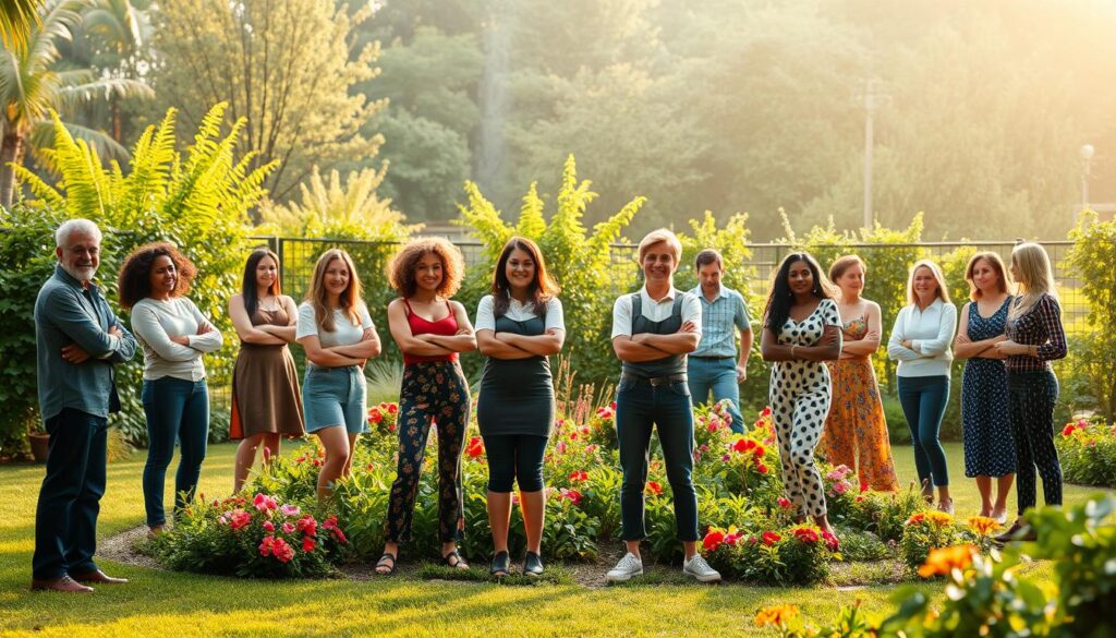 A serene outdoor scene showcasing self-confidence in a social context. In the foreground, a diverse group of people stand tall and composed, their body language exuding poise and inner strength. Mid-ground, a lush garden with vibrant flowers and greenery creates a nurturing, natural environment. In the background, a warm, diffused light filters through, casting a soft, inviting glow over the entire setting. The overall atmosphere conveys a sense of harmony, acceptance, and the empowering presence of self-assurance within a communal space.