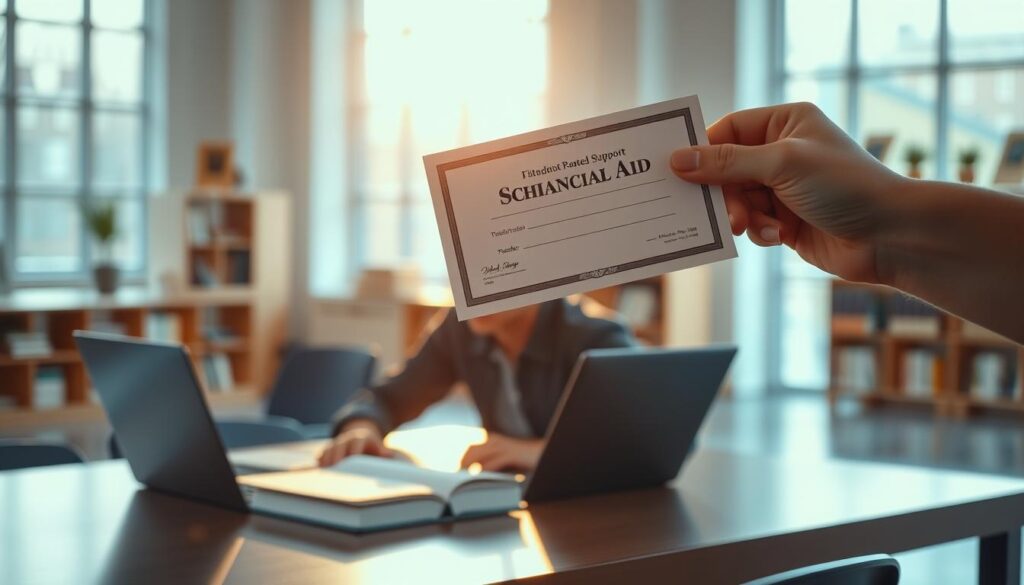 A serene, well-lit scene of a student receiving financial aid. In the foreground, a young person sits at a desk, studying intently, a laptop and books before them. Warm, natural lighting filters through large windows, casting a gentle glow. In the middle ground, a hand extends a scholarship certificate, symbolizing the financial support. The background features a modern, airy academic setting, with bookshelves and academic awards visible, conveying a sense of opportunity and success. The overall mood is one of focused determination, gratitude, and optimism for the future.