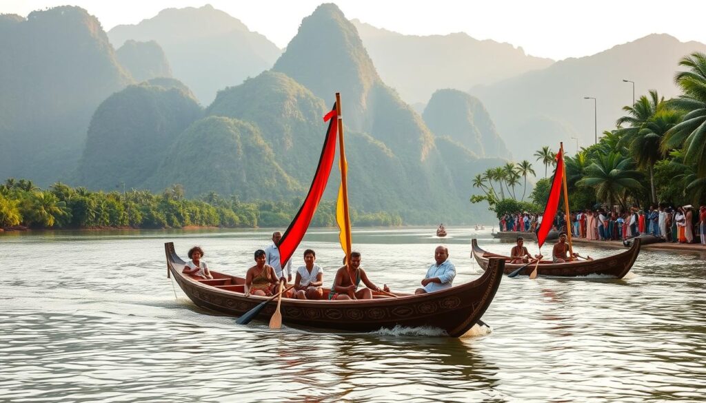 A traditional Pacu Jalur boat race on a tranquil river, surrounded by lush, verdant foliage. In the foreground, two sleek, wooden boats with intricate carvings and colorful sails glide across the glistening water, their crews skillfully maneuvering the oars. The middle ground features spectators lining the riverbanks, dressed in vibrant, traditional attire, cheering on the racers. In the background, towering, verdant mountains rise, casting a warm, golden glow over the scene, creating a serene and timeless atmosphere. The lighting is soft and natural, capturing the essence of this beloved cultural tradition.
