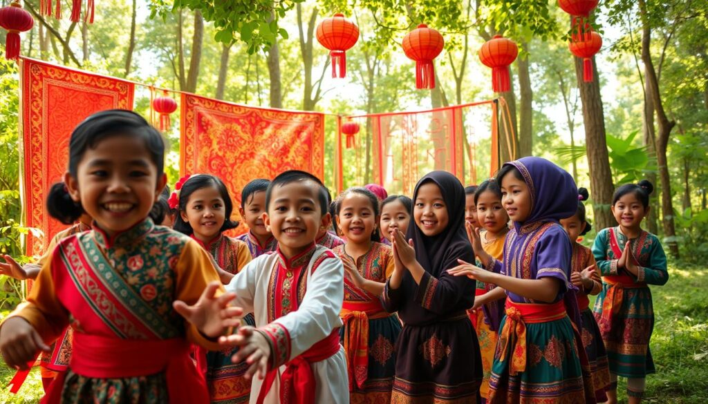 A vibrant scene of "anak coki tradisi" in a lush, verdant setting. In the foreground, a group of children dressed in traditional Indonesian attire, their faces filled with joy as they engage in a lively cultural dance, their movements graceful and rhythmic. The middle ground features a backdrop of intricate, brightly colored textiles and decorations, hinting at the rich heritage and traditions being celebrated. The background is dominated by a serene, sun-dappled forest, the dappled light creating a warm, ethereal atmosphere. The image is captured with a wide-angle lens, emphasizing the sense of community and immersion in the cultural festivities. An evocative and immersive representation of the "Fenomena Viral Dika dan Anak Coki" section.