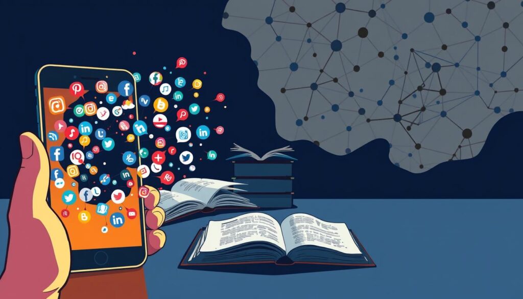 A visually striking digital illustration depicting the interplay between social media and literacy. In the foreground, a stylized smartphone or tablet display showcases a swirling vortex of social media icons, representing the pervasive and immersive nature of digital platforms. The middle ground features a stack of open books, symbolizing the traditional forms of knowledge and learning, contrasting with the digital realm. In the background, a shadowy, abstract landscape of interconnected nodes and lines suggests the complex, techno-centric landscape that modern readers and learners must navigate. The overall tone is one of tension and balance, capturing the dual-edged impact of social media on contemporary literacy and education.