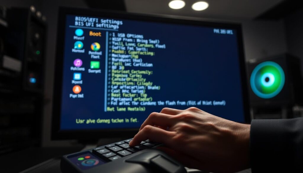 A close-up view of a computer BIOS/UEFI configuration screen displayed on a high-resolution monitor in a dimly lit room, with a blurred background of computer hardware components. The screen features vivid, colorful icons and settings related to boot options, highlighted with a glowing effect. In the foreground, a person's hands, dressed in professional business attire, navigate the BIOS menu using a sleek wireless keyboard. The lighting is soft and focused, casting gentle reflections on the monitor's surface, creating a tech-savvy atmosphere. The overall mood is one of excitement and determination, emphasizing the importance of the configuration process for booting from a USB flash drive.