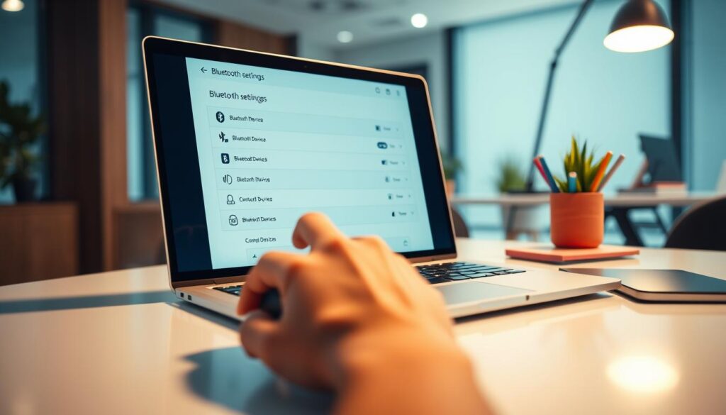 A close-up view of a modern laptop displaying a Bluetooth settings interface on the screen, showcasing various Bluetooth devices available for pairing. In the foreground, a hand gently hovers over the mouse, poised to click. The middle ground features the laptop in a sleek, well-lit office environment with a stylish desk, and a soft light emanating from a nearby lamp, creating a warm, inviting atmosphere. In the background, blurred office elements such as a potted plant and colorful stationery can be seen, contributing to a professional setting. The image should convey a sense of ease and tech-savviness, emphasizing the simplicity of connecting Bluetooth devices, with a focus on clarity and vivid colors.