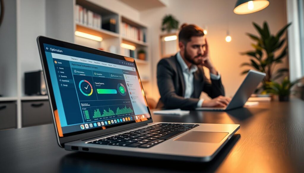 A focused laptop on a sleek desk showcasing optimization software on the screen. In the foreground, the laptop displays a colorful, user-friendly interface of a system optimization tool with charts and progress bars. The middle ground features a professional person, dressed in smart casual attire, thoughtfully working on the laptop, reflecting determination and engagement. In the background, soft, ambient office lighting illuminates the space, with shelves of tech books and a plant, creating a cozy yet productive atmosphere. The overall mood is one of concentration and efficiency, aimed at conveying the essence of software solutions for improving laptop performance. The perspective is from a slight angle, emphasizing the screen and the user's interaction with the software.