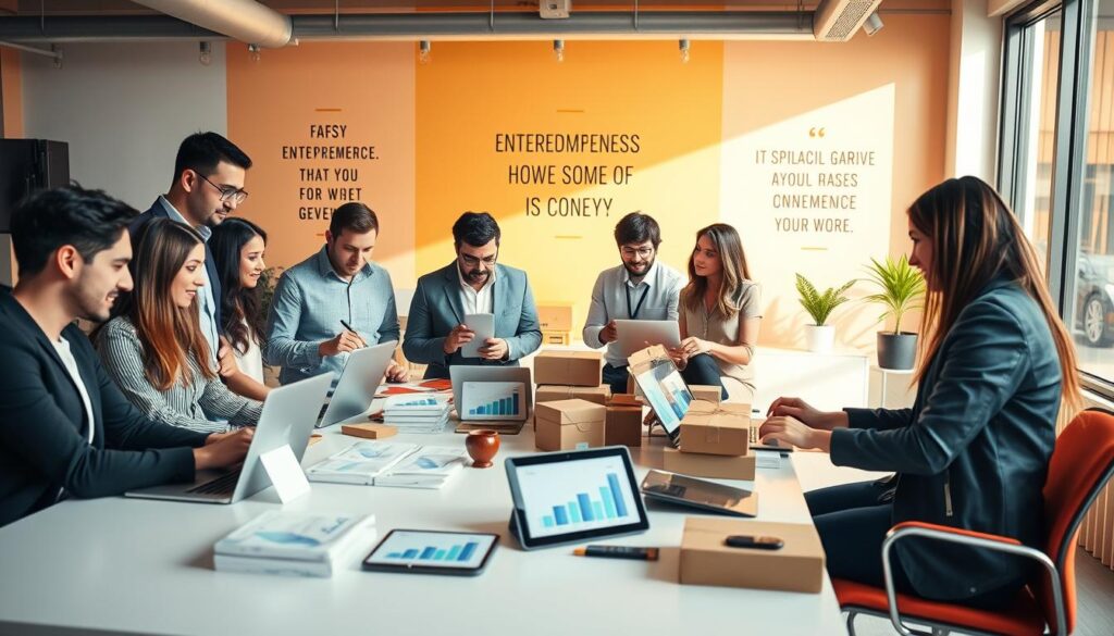 A modern, vibrant e-commerce workspace showcasing dropshipping. In the foreground, a diverse group of professionals in smart casual attire collaborates around a sleek table with laptops and product samples. The middle ground features an organized display of shipping materials and digital devices like tablets and smartphones with charts showing sales growth. The background includes a bright wall adorned with motivational quotes about entrepreneurship. Soft, natural lighting filters through large windows, creating an inspiring and dynamic atmosphere. The scene is shot from a slightly elevated angle, highlighting the teamwork and innovative spirit of the e-commerce business. The colors are warm and inviting, emphasizing a sense of productivity and creativity.