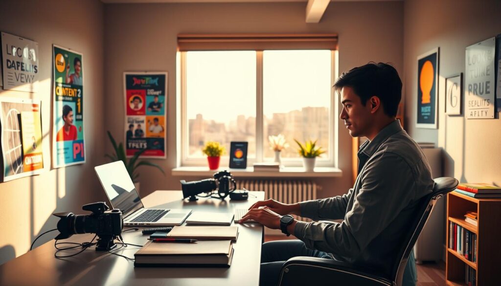 A vibrant and dynamic scene depicting a content creator at work in a modern, minimalist home office. In the foreground, a focused young professional, dressed in smart casual attire, is sitting at a sleek desk with a laptop open, surrounded by camera equipment, notebooks, and digital devices. The middle ground features colorful posters on the walls illustrating various digital content themes, while a large window lets in warm, natural light, casting soft shadows across the room. In the background, a small bookshelf holds books on digital marketing and creativity. The atmosphere is inspiring and productive, highlighting creativity and ambition in the digital content landscape. Use bright, inviting colors to enhance the sense of motivation and energy.