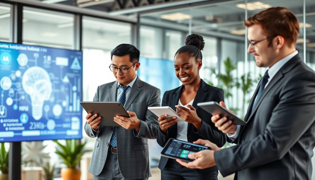 A professional office environment showcasing the benefits of artificial intelligence. In the foreground, a diverse group of three professionals: a middle-aged Asian man, a young Black woman, and a Caucasian man, all in business attire, engaged in a collaborative discussion while analyzing data on tablets. In the middle ground, a large screen displays captivating AI-generated visualizations, symbolizing efficiency, automation, and innovation. The background features a modern office with glass walls, greenery, and soft, natural lighting pouring in from large windows, creating an ambiance of productivity and forward-thinking. The overall mood is optimistic and inspiring, highlighting the transformative power of AI technologies. Use a wide-angle lens to capture the scene in a dynamic yet professional manner.