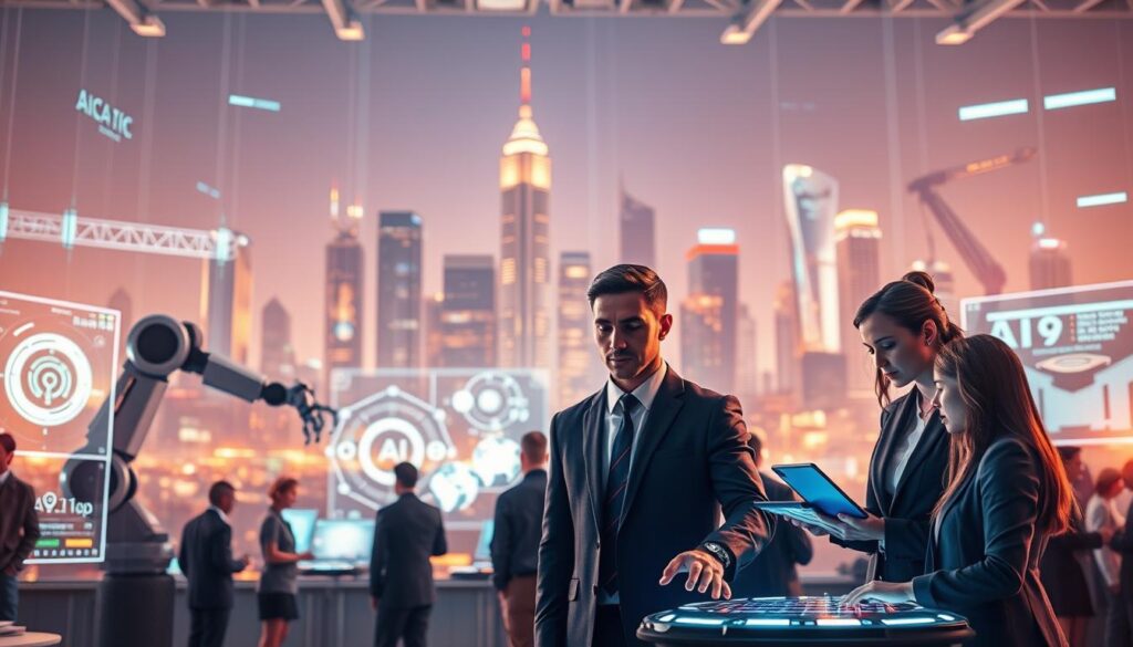 A vibrant and futuristic scene illustrating various types of artificial intelligence technologies. In the foreground, a diverse group of professionals in business attire is actively engaging with advanced AI interfaces and holograms. The middle ground showcases robotic arms working on intricate tasks, alongside digital displays showcasing machine learning algorithms and neural networks. In the background, a sleek city skyline is bathed in soft, ambient lighting, representing a technologically driven society. The atmosphere is filled with a sense of innovation and collaboration. The image is composed with a balanced perspective, using a focal length that emphasizes the interaction between people and technology, creating a dynamic yet coherent visual narrative.